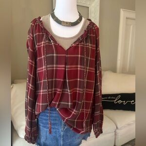 MAX STUDIO Boho Red Brown White Plaid/Tartan V-Neck off Shoulder Blouse Size XL